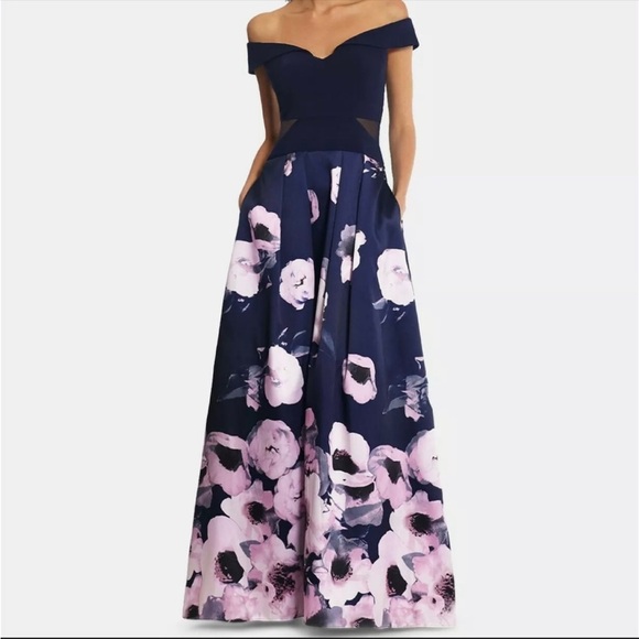 Dresses & Skirts - XSCAPE Off-The-Shoulder Floral-Print Floor Length Gown Size 4 Color Navy Floral